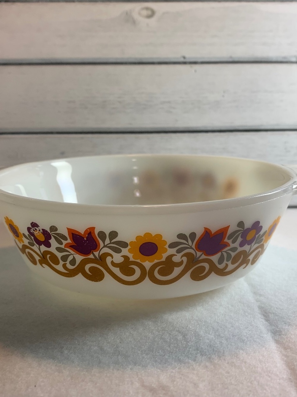 Vintage Milk Glass Floral Casserole Dish Baking Dish Brown & Purple Flowers 7”